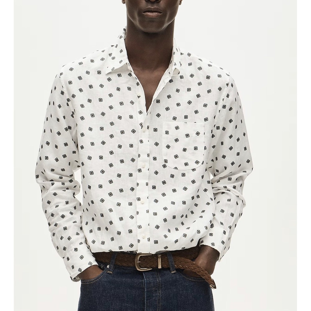 J.Crew Button Up Linen Shirt White Geometric Print Long Sleeve Mens XL NWT CT991